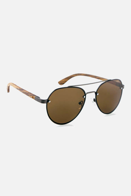 Women's aviator sunglasses metal black with wooden hangers and mirrored glass