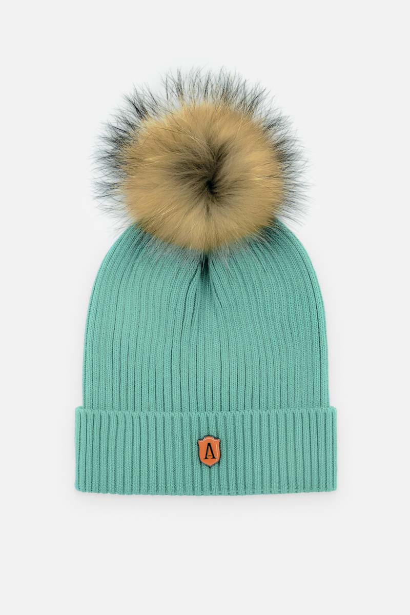 Damen Mütze aus Baumwolle mit Fellbommel