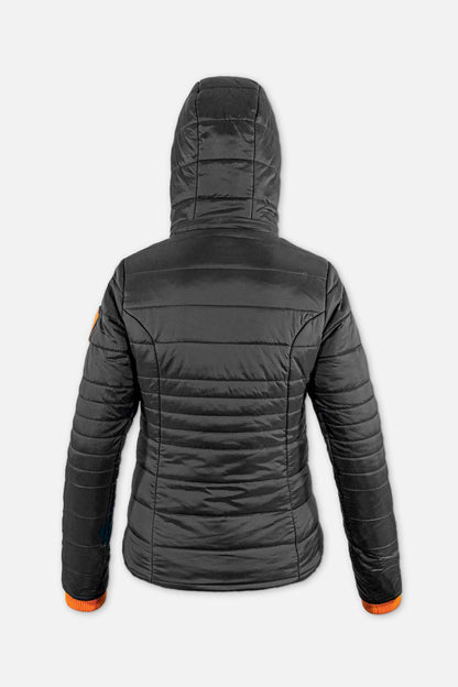 Women's sporty quilted jacket with two outside pockets and removable hood