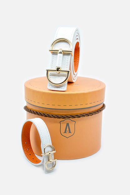 Jewelry bracelet made of leather with a snaffle as a clasp and a box