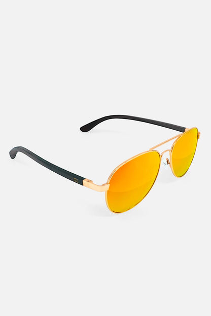 Women's aviator sunglasses metal gold with wooden hangers and mirrored glass