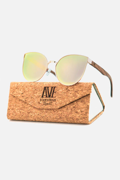 Women's sunglasses metal gold with wooden hangers and glass mirrored
